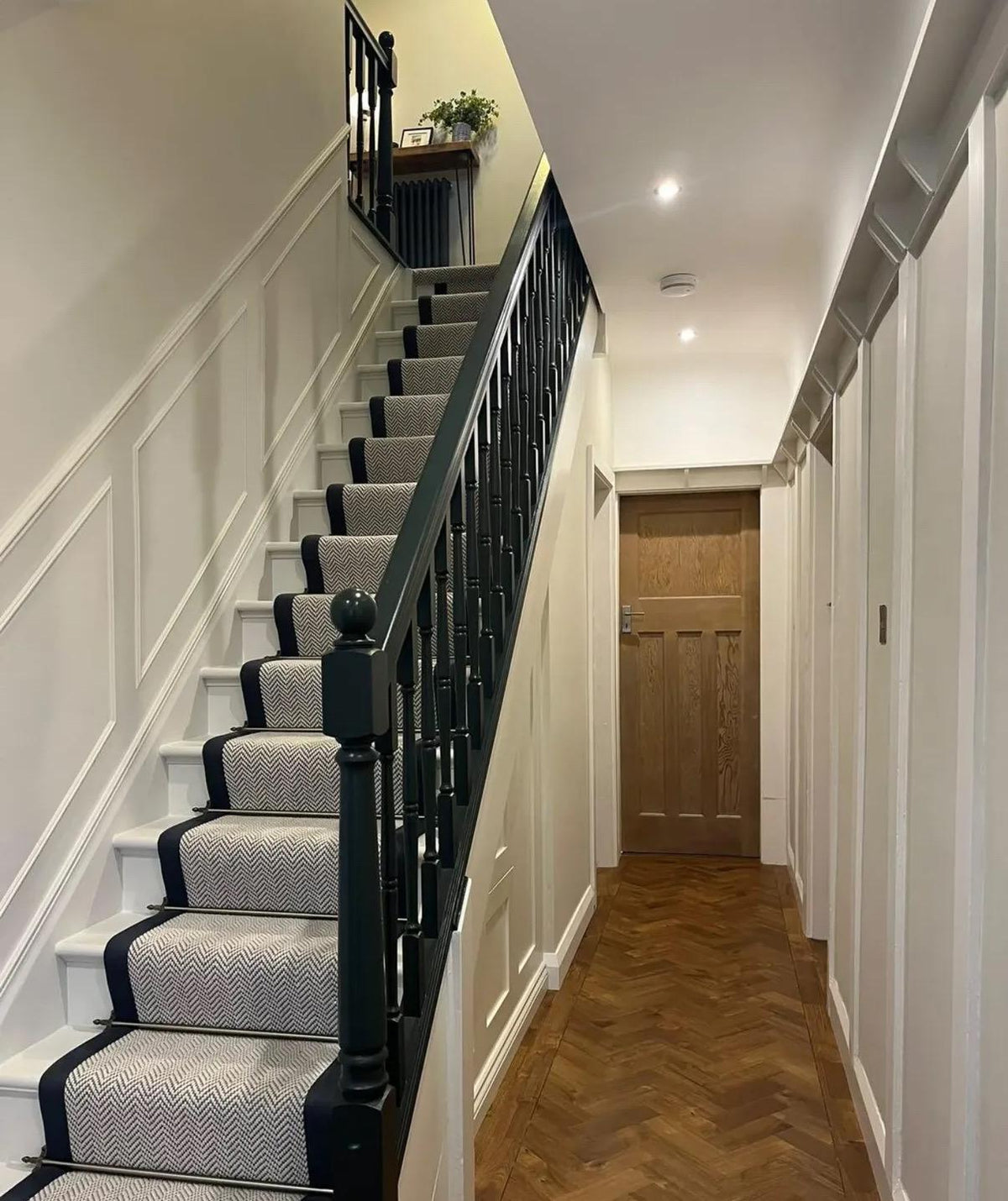 herringbone grey stair runner wool stitched taped edge