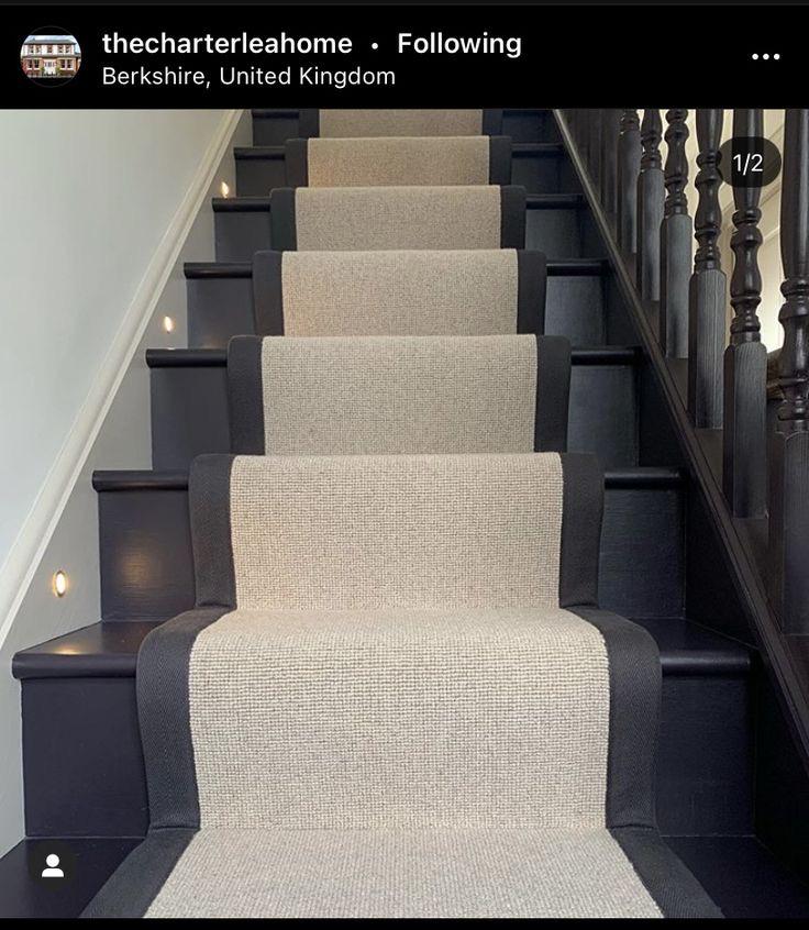 Beige Berber stair runner with black stitched taped edge