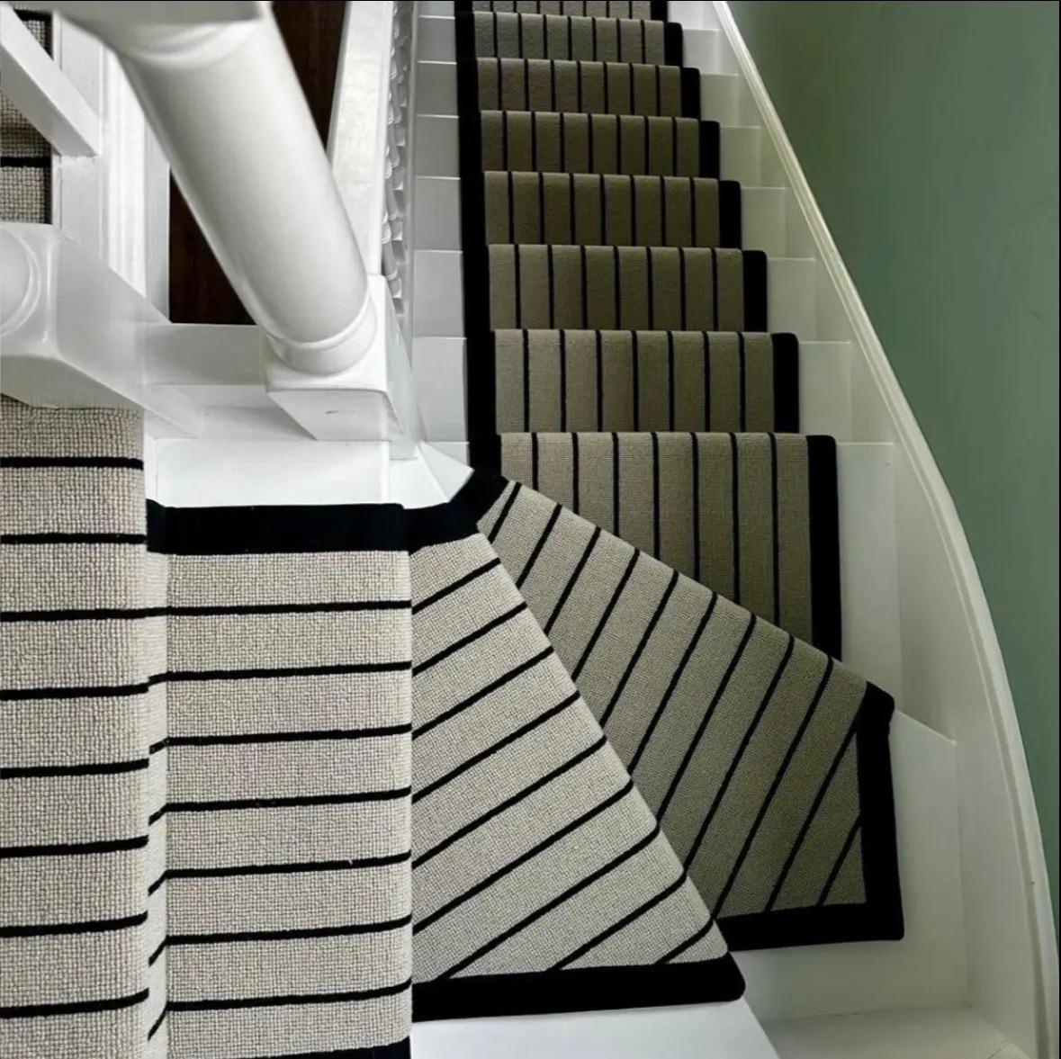 Beige with black stripe wool stair runner with black stitched taped edge 7m
