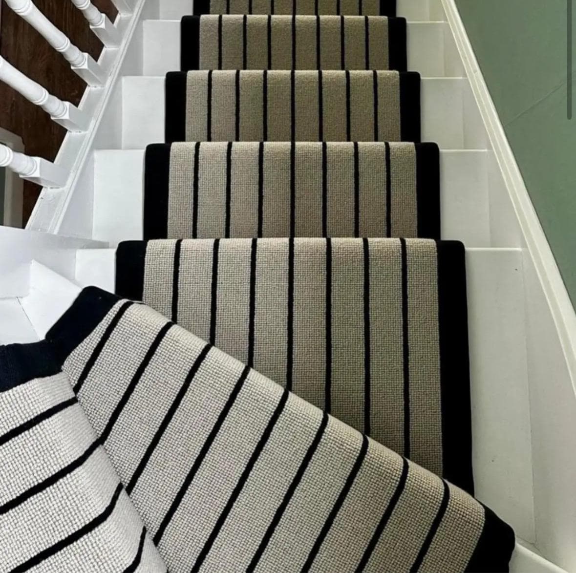 Beige with black stripe wool stair runner with black stitched taped edge 7m