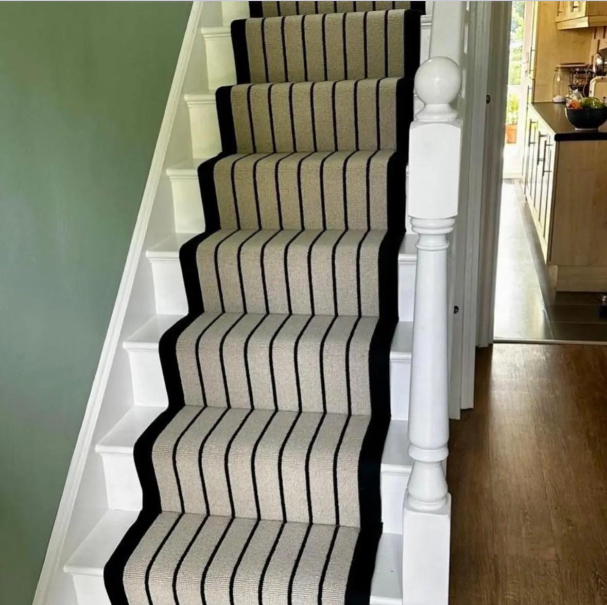 Beige with black stripe wool stair runner with black stitched taped edge 7m