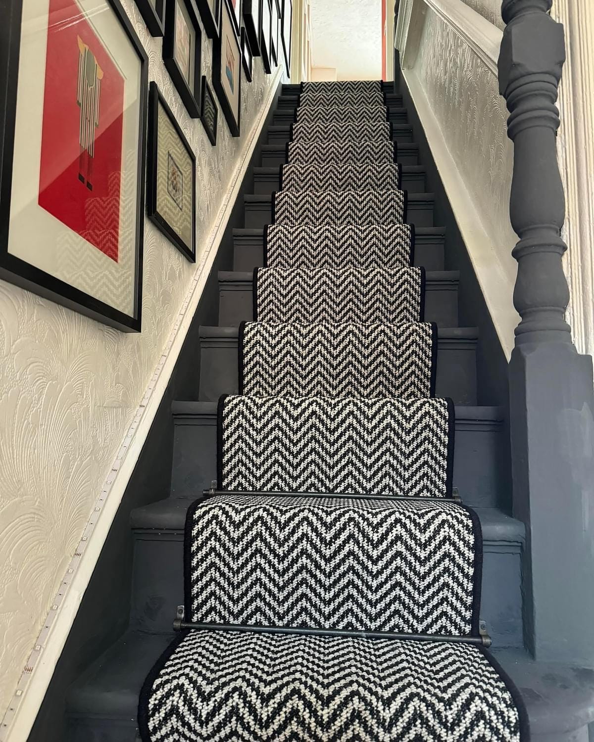 Black and white chevron stair runner