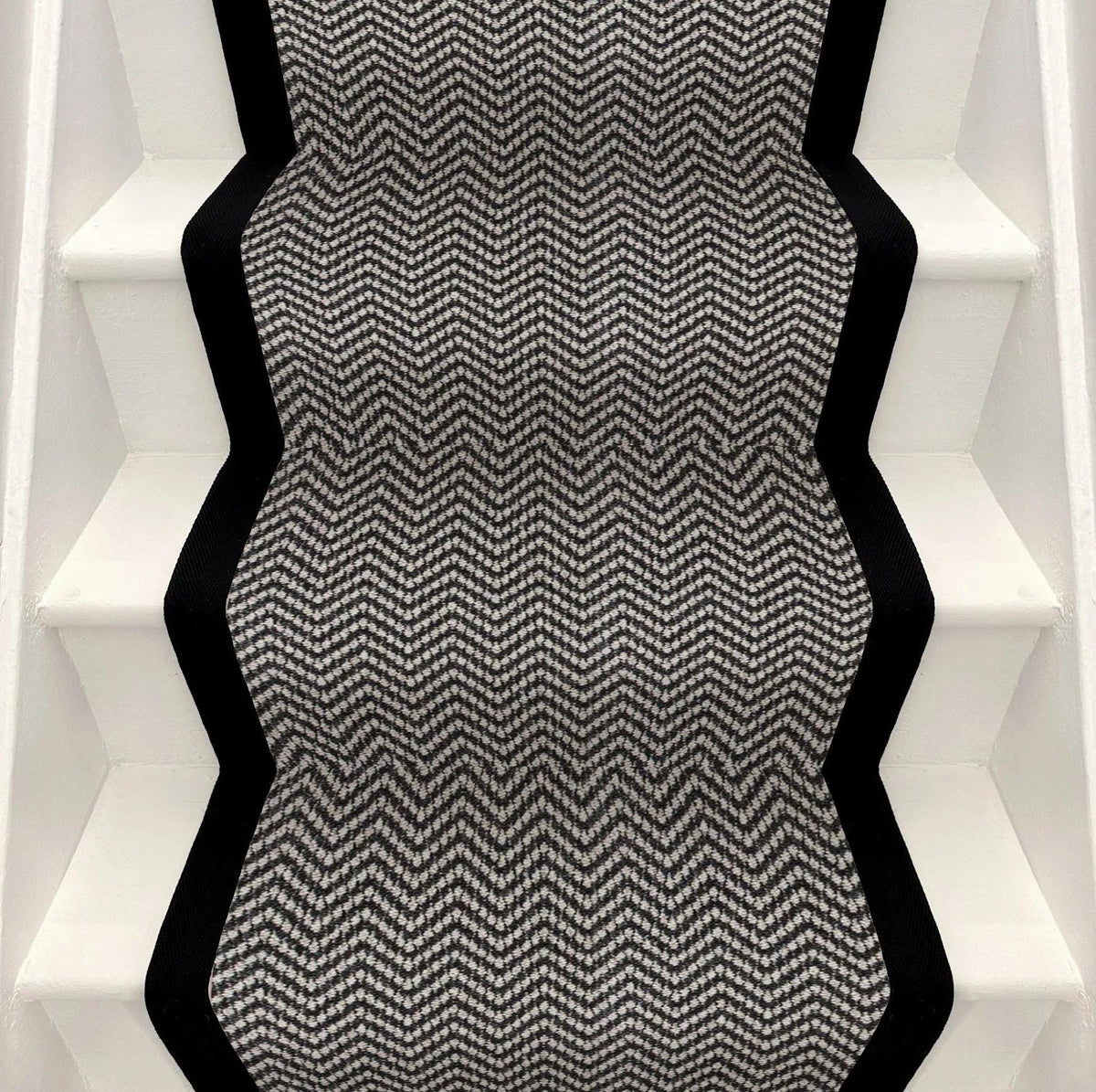 Black and white chevron stitched taped edge stair runner