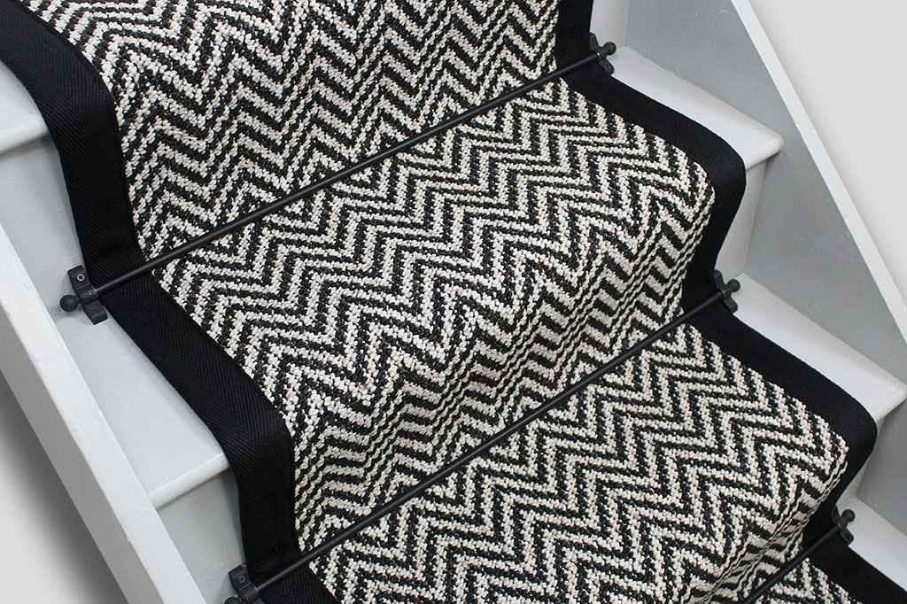 Black and white chevron stitched taped edge stair runner