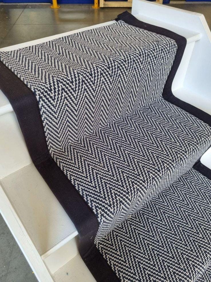Black and white chevron stitched taped edge stair runner
