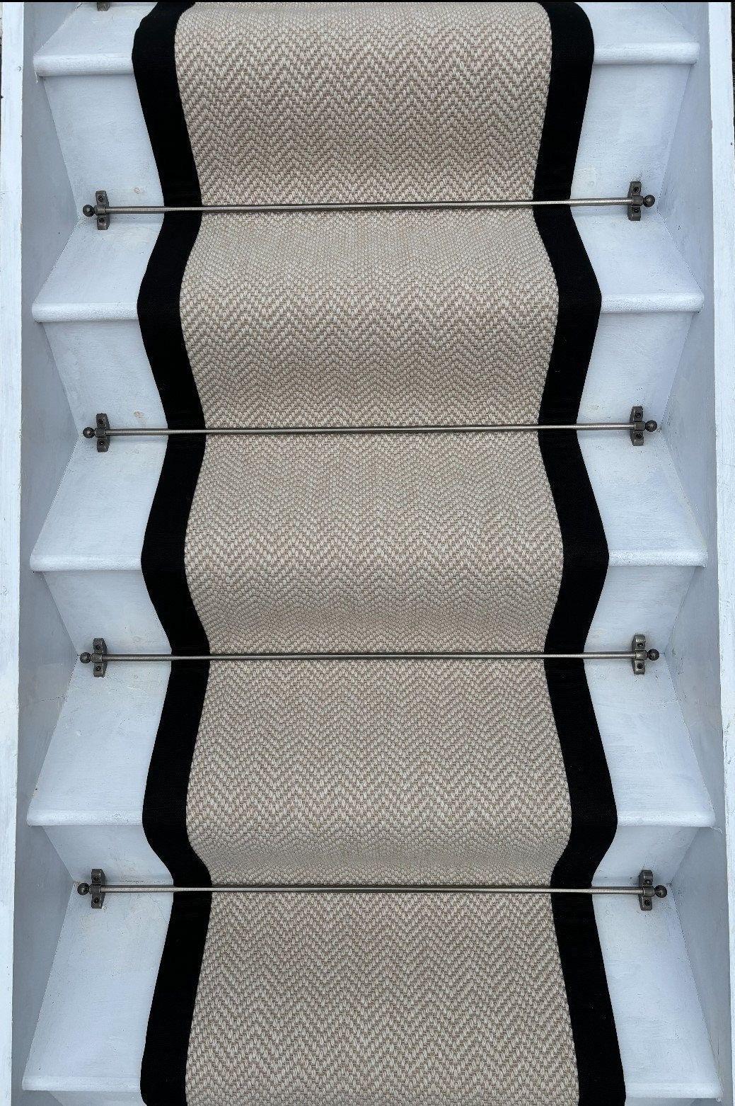 Chalk berber black stitched taped edge stair runner