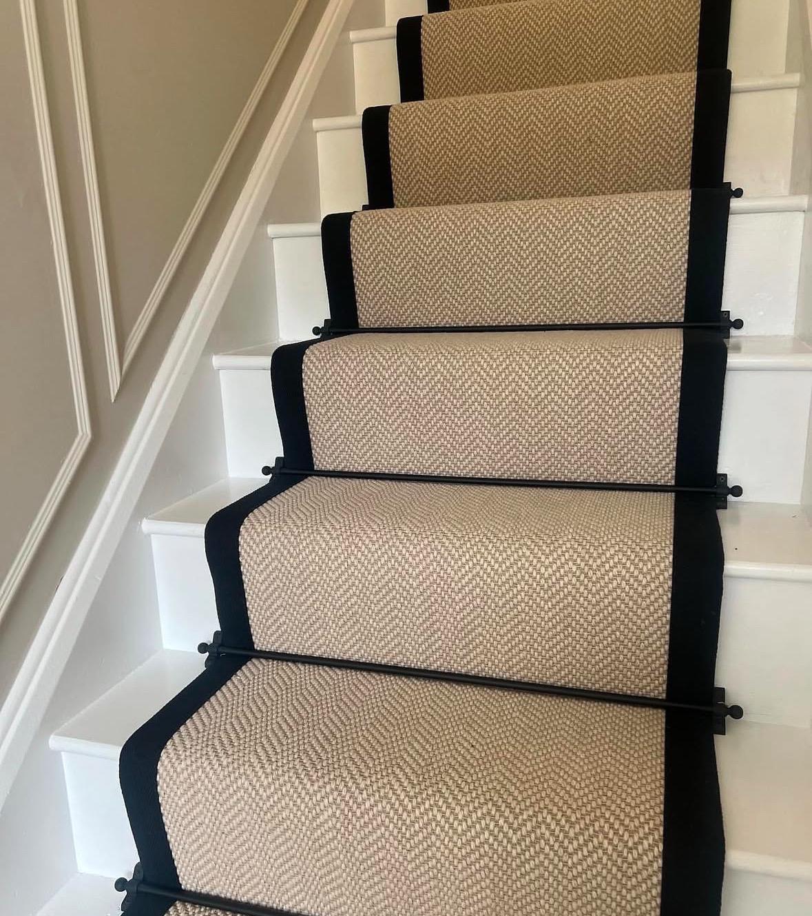 Chalk berber black stitched taped edge stair runner