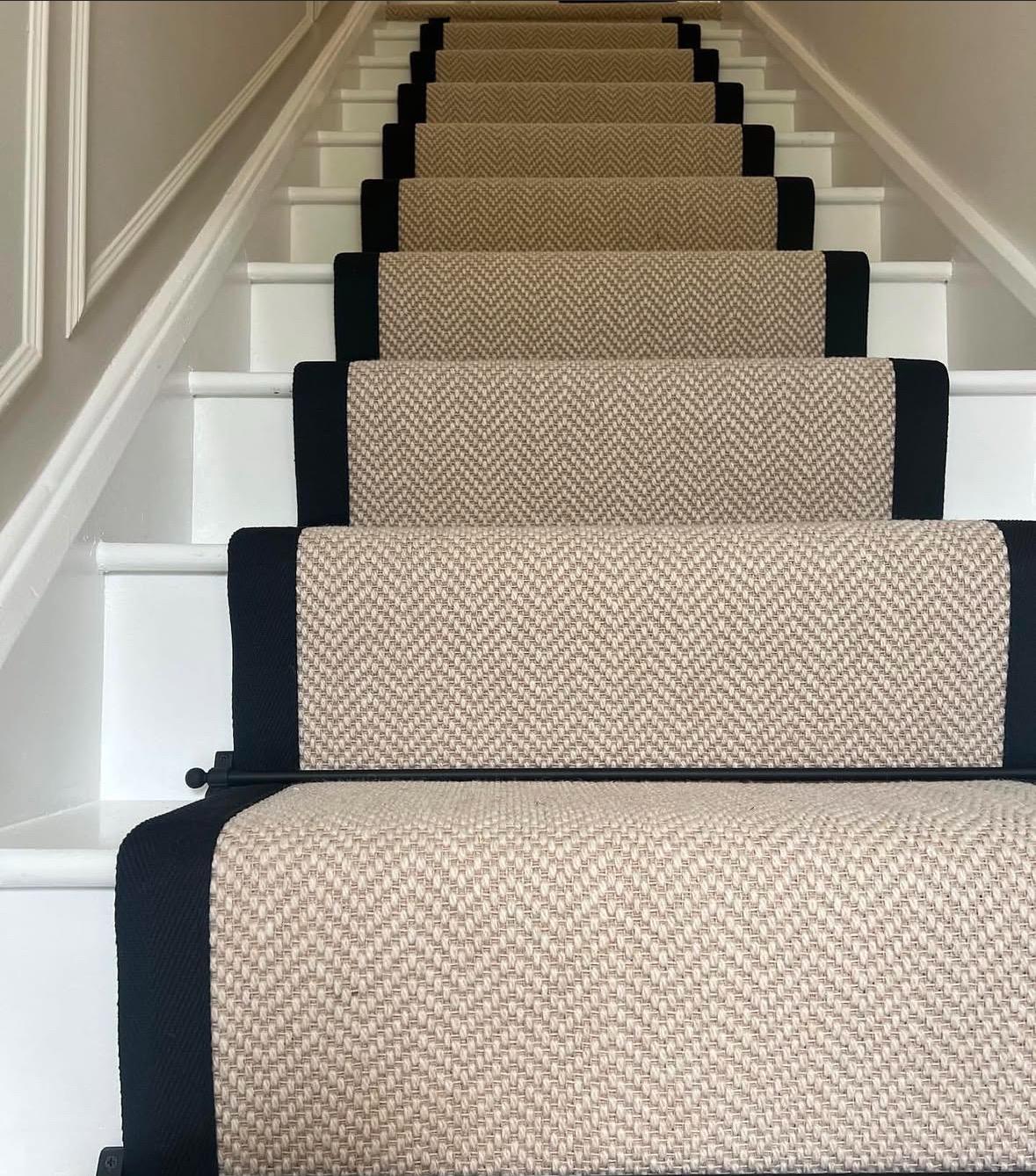 Chalk berber black stitched taped edge stair runner