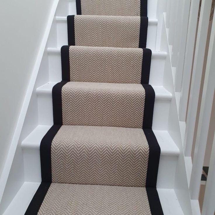 Chalk berber black stitched taped edge stair runner
