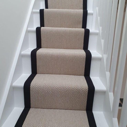 Chalk berber black stitched taped edge stair runner