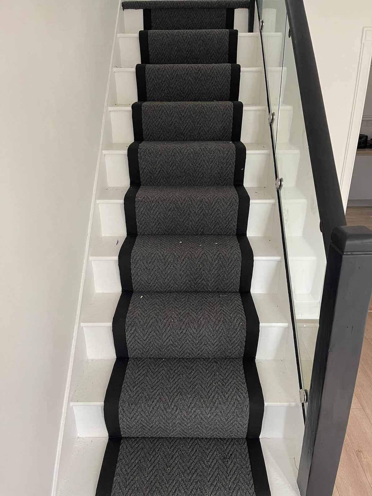 Dark Grey chevron stitched taped edge stair runner