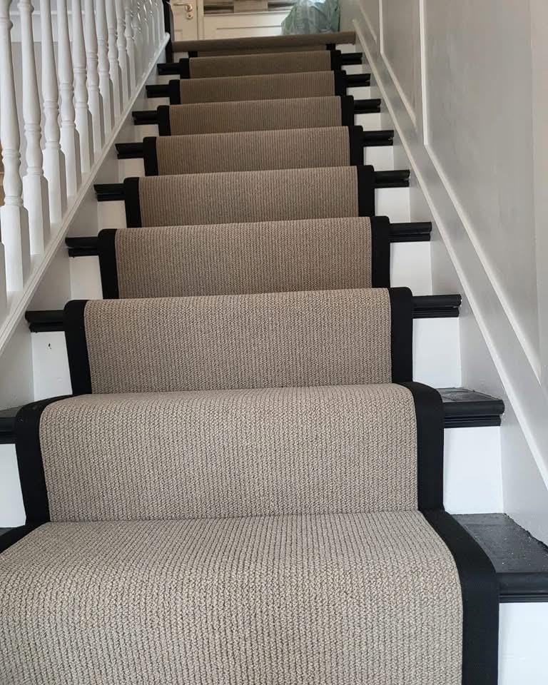 Greige Berber stitched taped edge stair runner