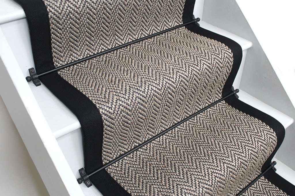 Greige woven berber stitched taped edge stair runner
