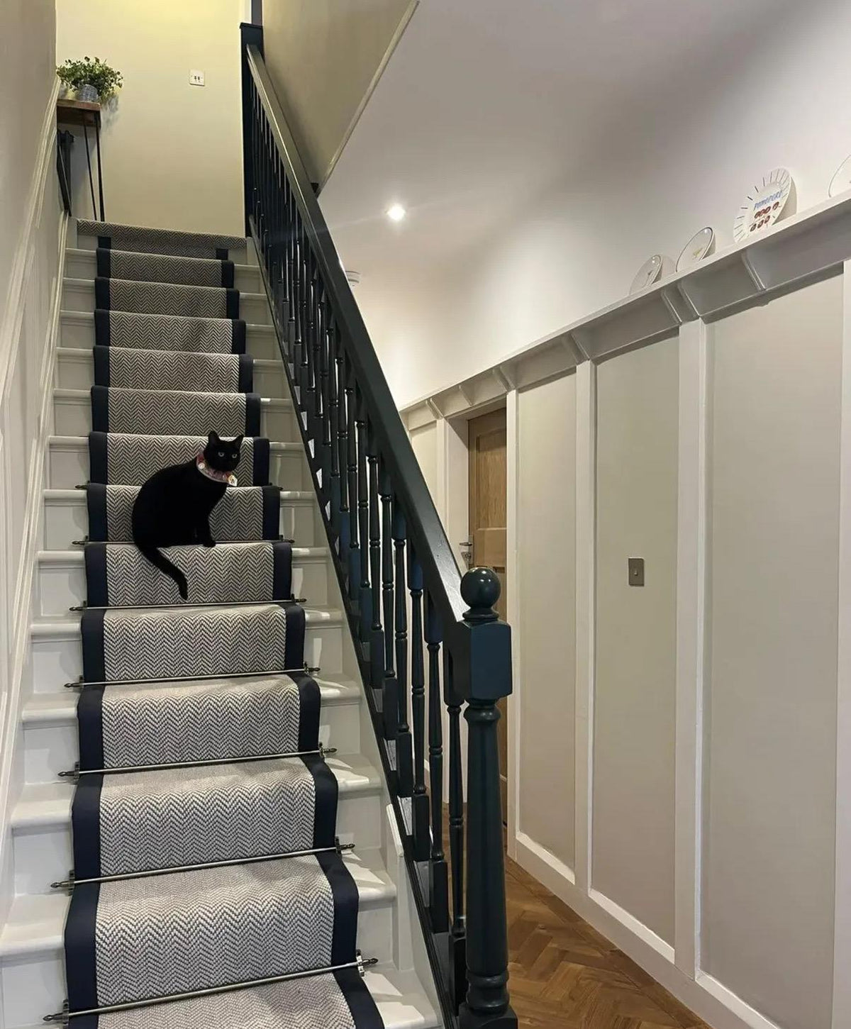 herringbone grey stair runner wool stitched taped edge