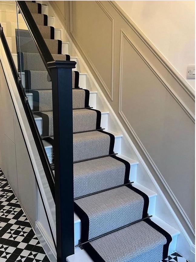 herringbone stair runner wool stitched taped edge grey background