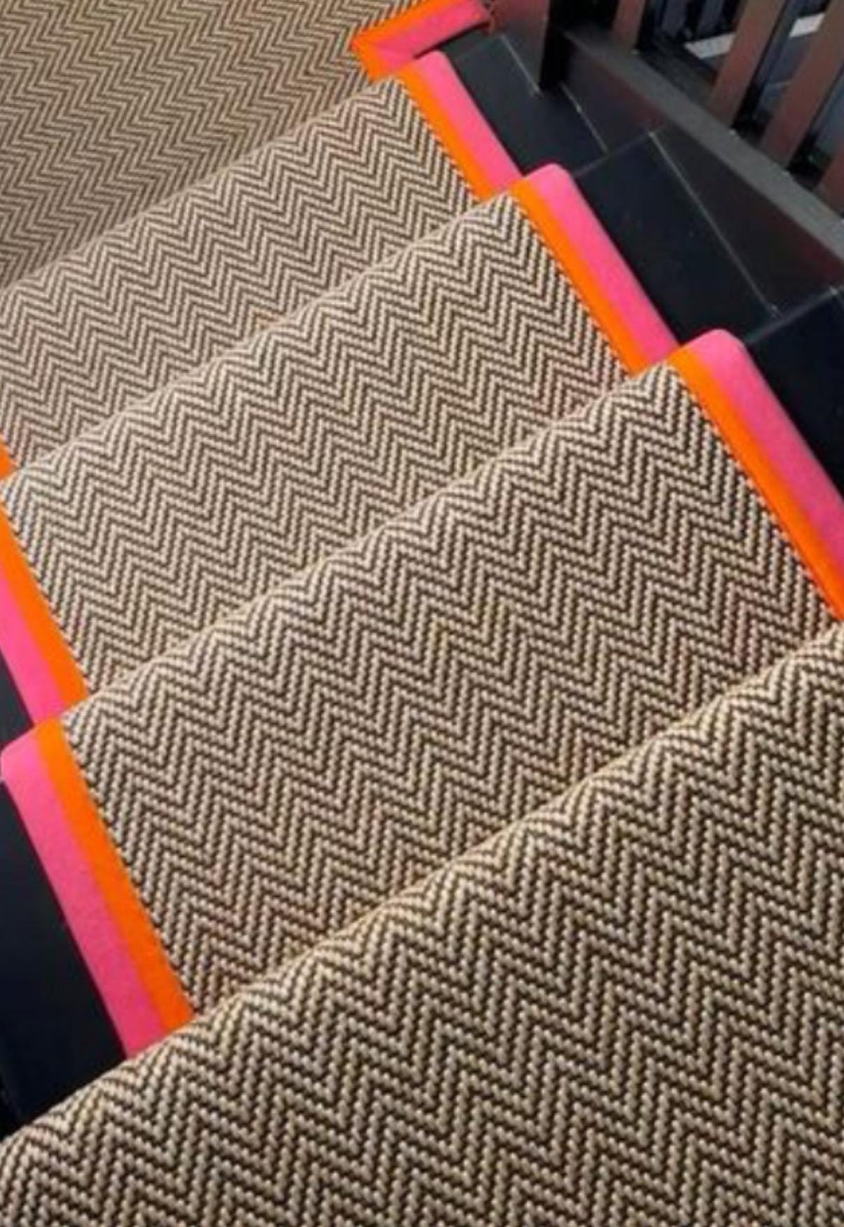 Pink stitched tape grey  herringbone stair runner wool stitched taped edge
