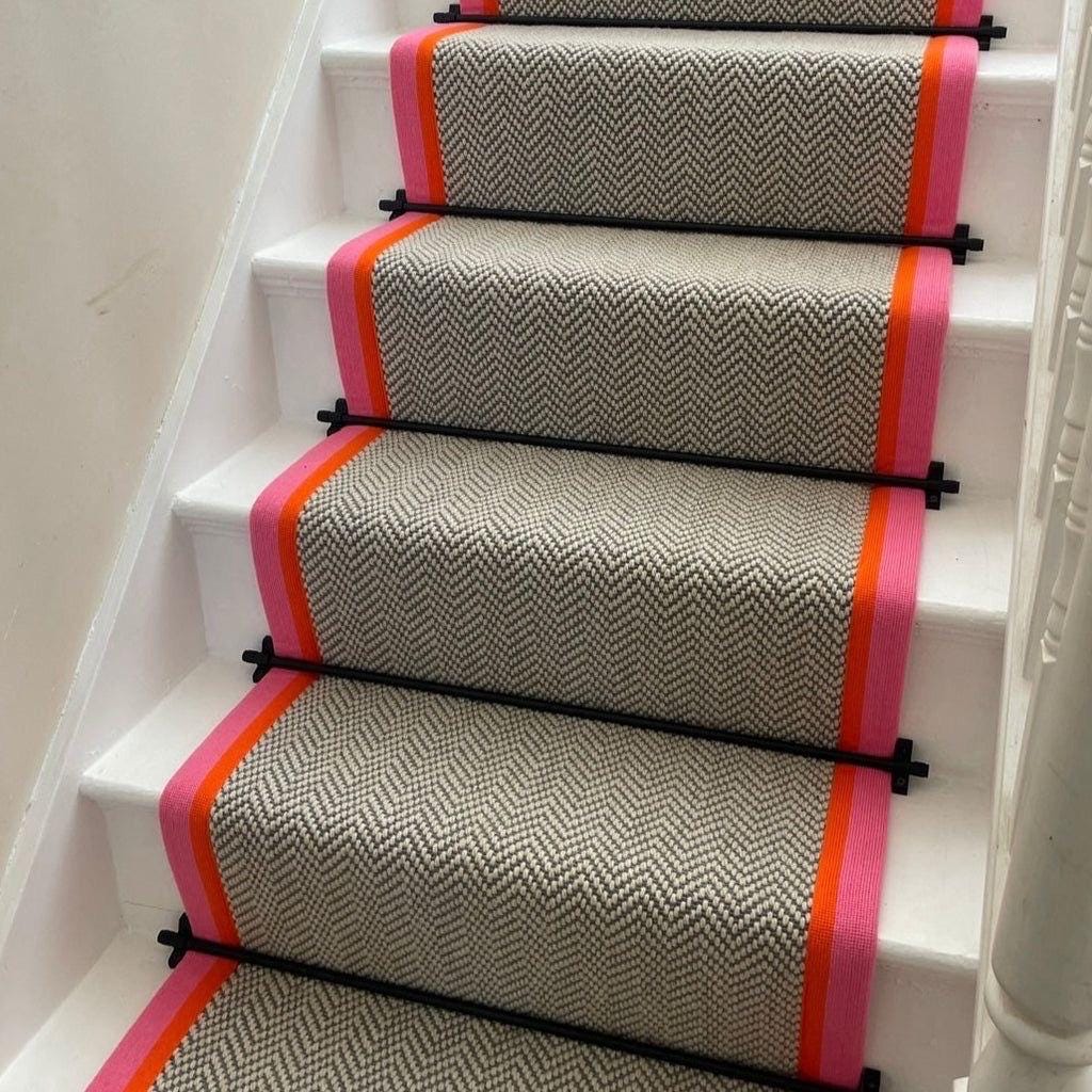 Pink stitched tape grey  herringbone stair runner wool stitched taped edge
