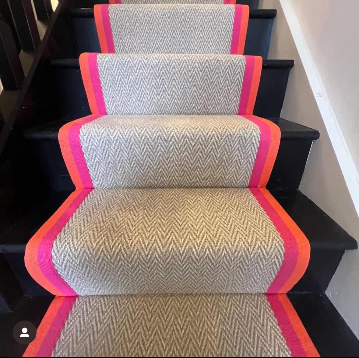 Pink tape 7.5m herringbone stair runner wool stitched taped edge