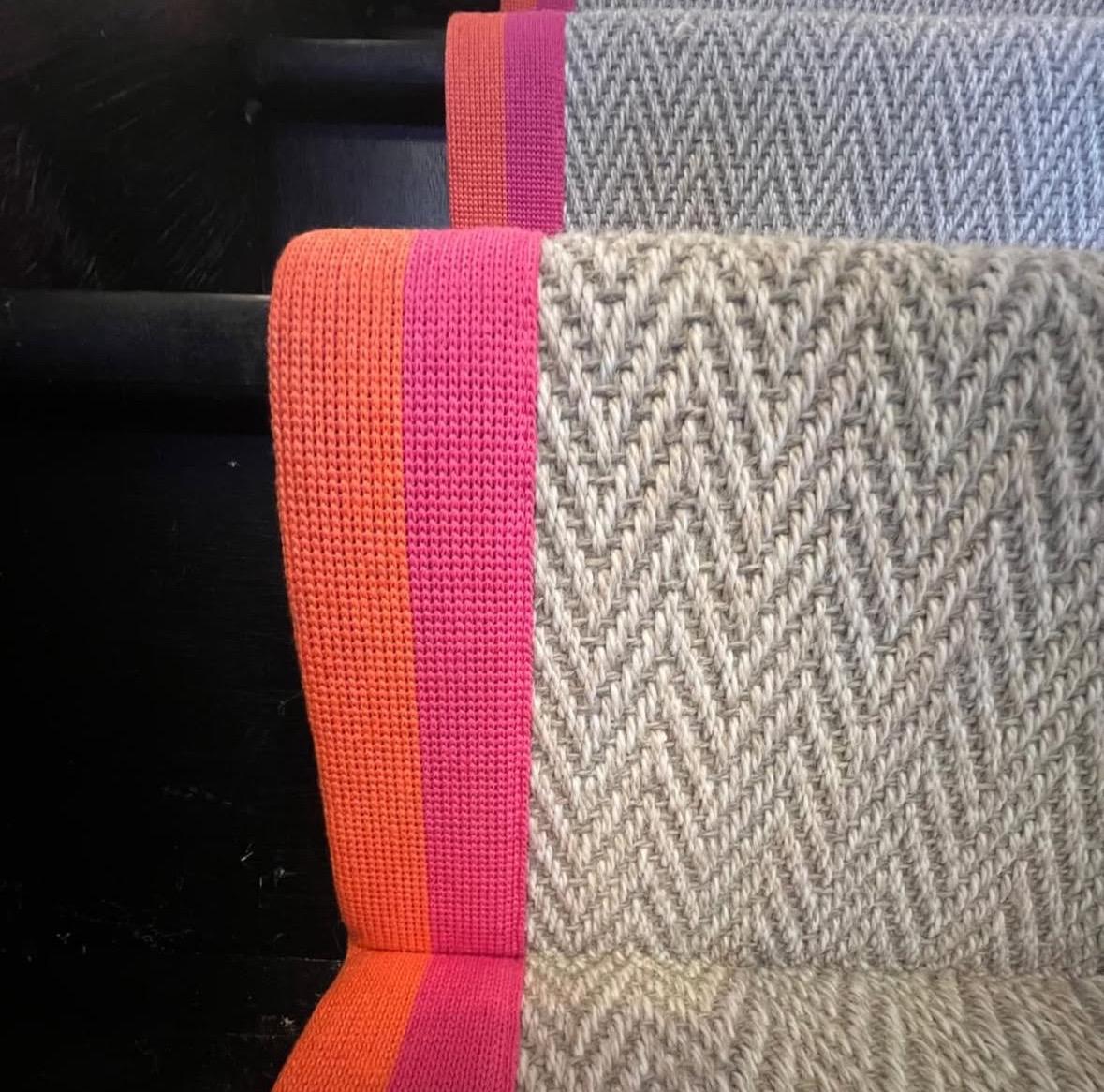 Pink stitched tape herringbone stair runner wool stitched taped edge