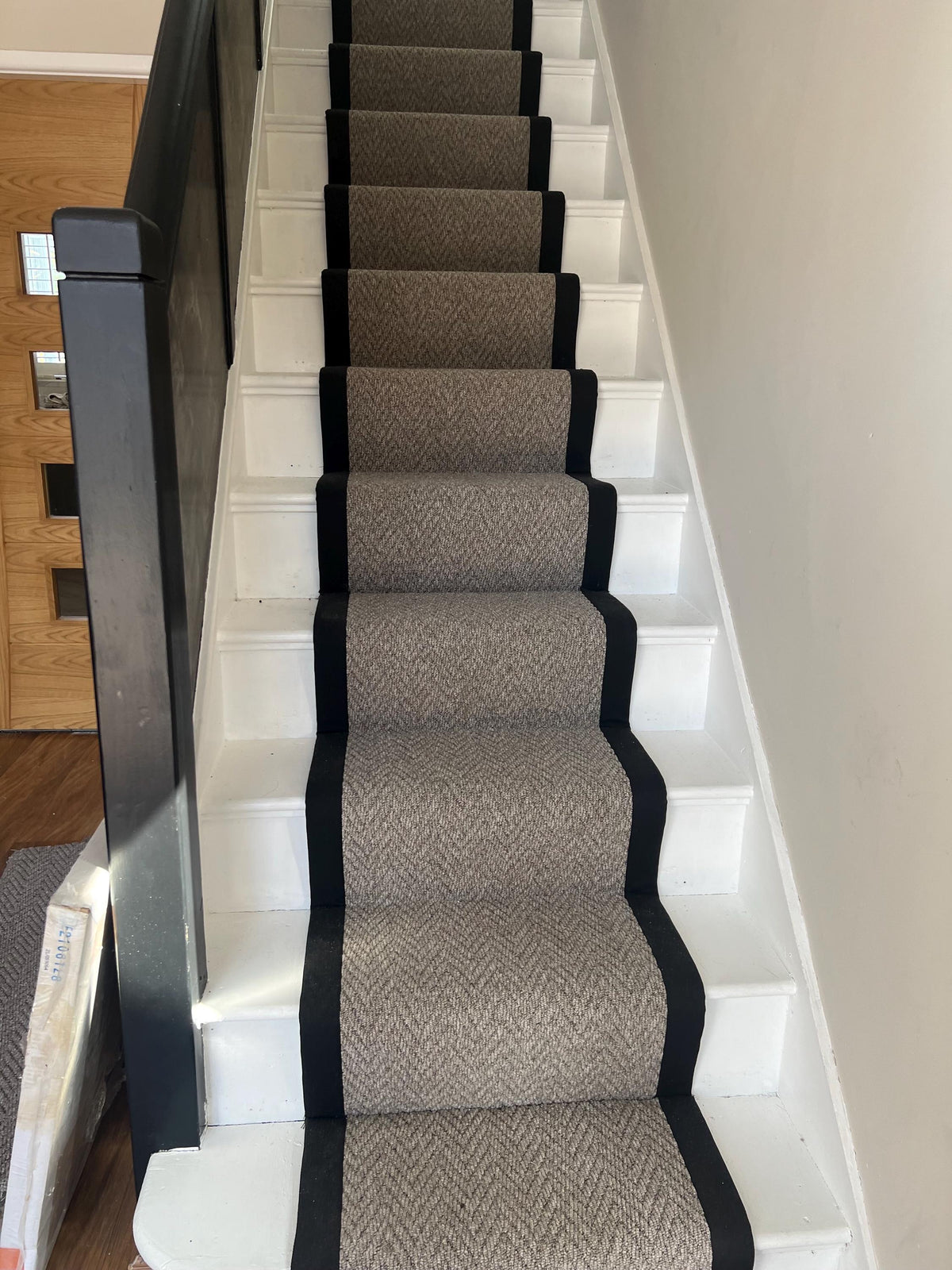 Taupe chevron stitched taped edge stair runner