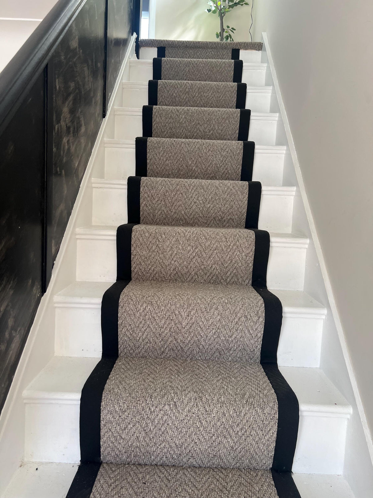 Taupe chevron stitched taped edge stair runner
