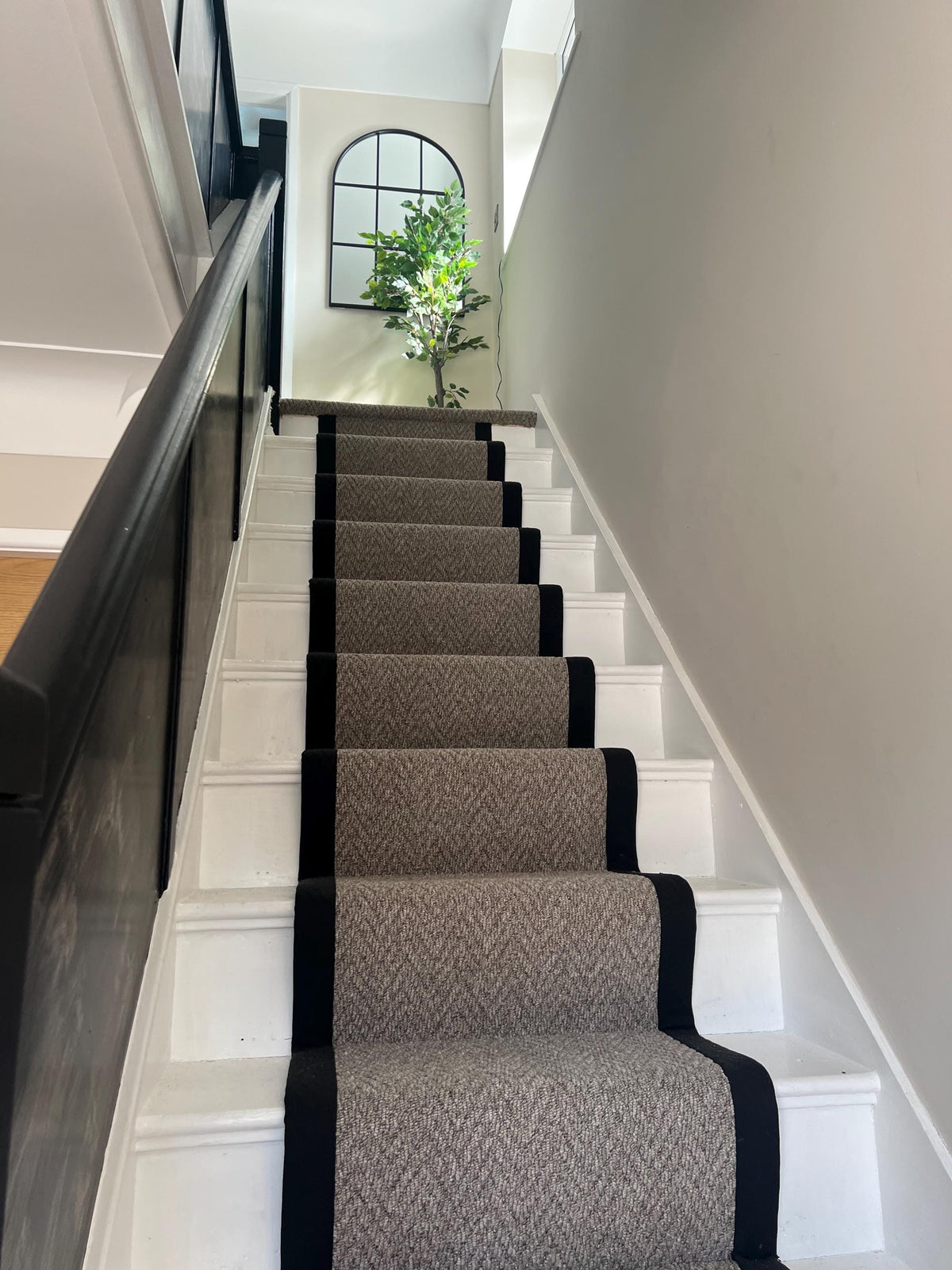 Taupe chevron stitched taped edge stair runner